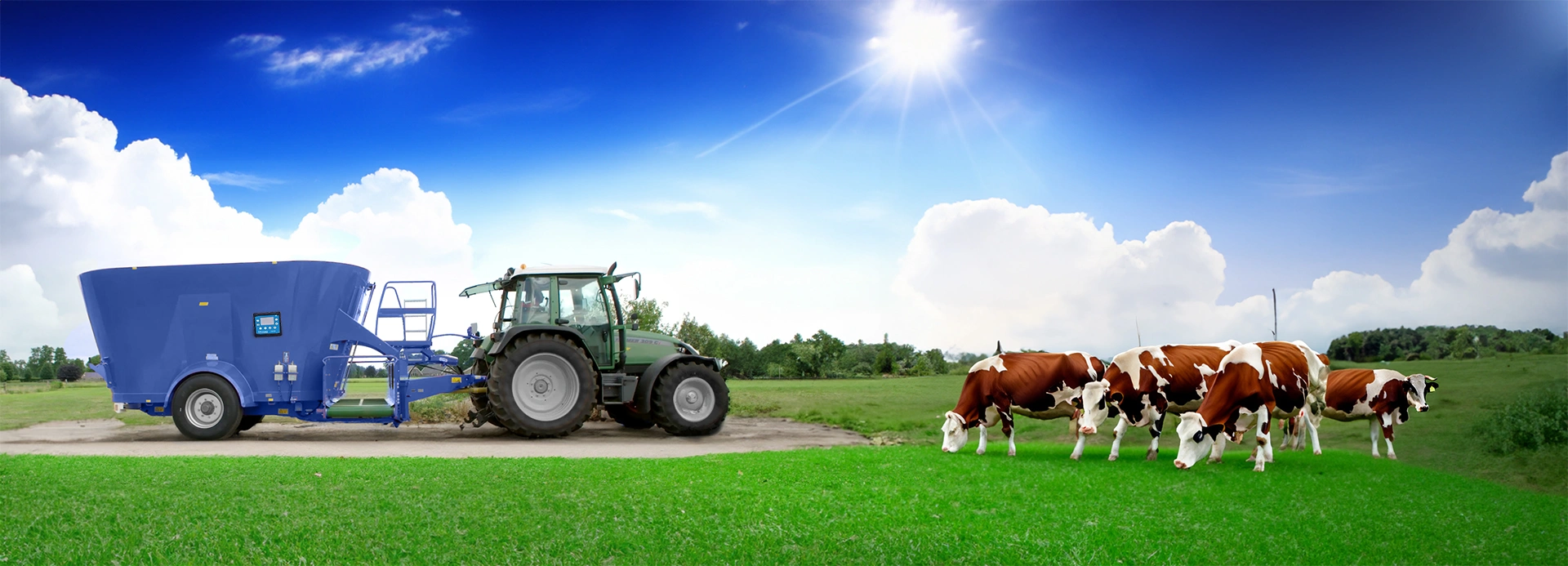 Imagem de uma fazenda mostrando trator com forrageiro usando a balança de trato de animais Leigado 4040